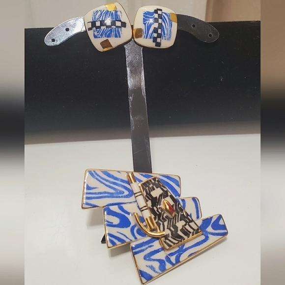 Blue And Gold Tone Ceramic Set. Earrings And Brooch Jewelry. 🌴 - Picture 2 of 4